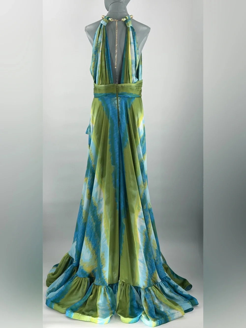 🆕 BRONX & BANCO 🧿 NWOT Palma Coastal Ruffle Hi-Low Gown, Blue Green, Sz L US 8 - Picture 9 of 17